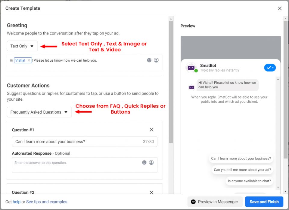 select text and FAQs for messenger